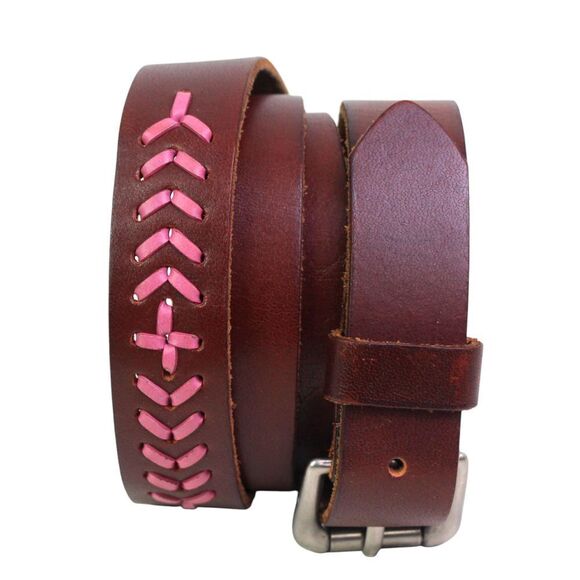 VTG AEO BROWN PINK GENUINE LEATHER 1"Wd CASUAL DRESS WOMEN'S BELT Sz L (F41 - Picture 1 of 13